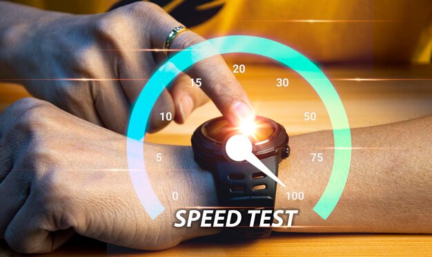 Photo fast internet connection speedtest network bandwidth technology man using high speed internet with smartphone and laptop computer 5g quality speed optimization