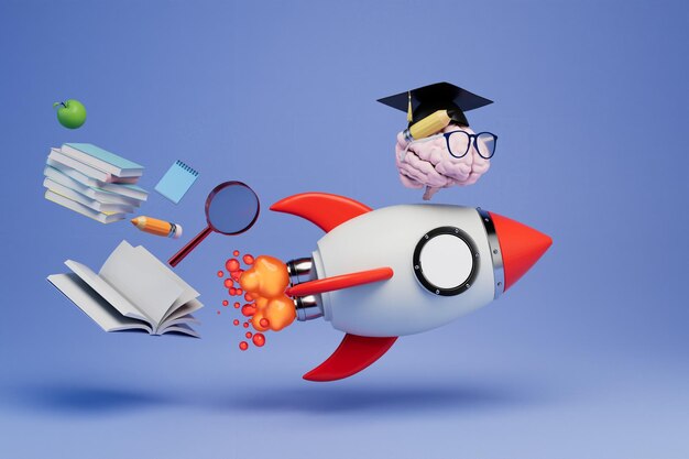 Fast learning concept brain flying on a rocket books and other\
educational supplies 3d render