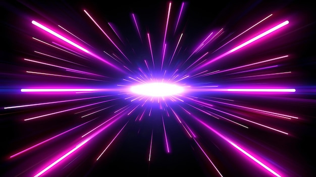 Эффект скорости быстрого движения света Современная иллюстрация неоновых розовых и фиолетовых лучей на черном фоне круговое центрическое движение перспектива маршрута космического путешествия взрыв энергия деформация