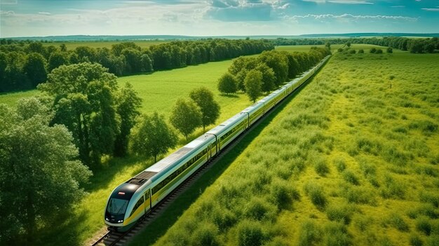 Fast modern train on railroads in a beautifull field