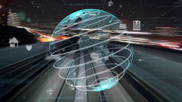 Fast motion digital data flow on road with global network graphic modernization