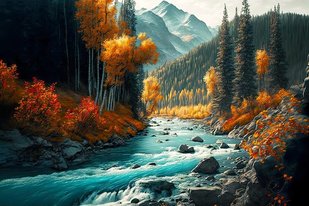 Fast mountain river flowing through autumn forest