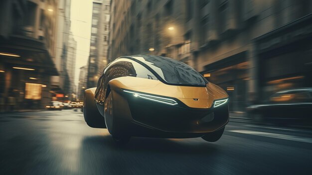 도시에서 빠르게 움직이는 미래형 비행 자동차 흐리게 모션 AI 생성