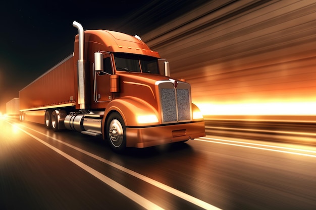 고속도로에서 빠르게 움직이는 완전 조명 트럭과 반 트레일러가 화물을 배달하는 일을 하기 위해 서두르며 하늘과 도로의 인상적인 빛이 생성됩니다.