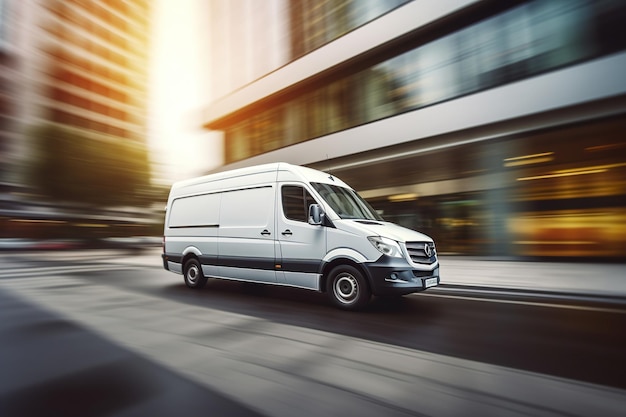 Fast moving van blur modern building background