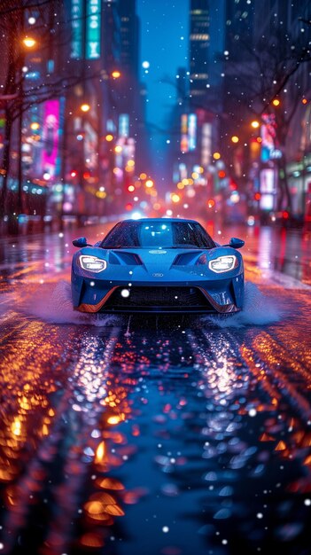 Fast and powerful blue car in motion moving along street with blurred lights in the rainy city ver