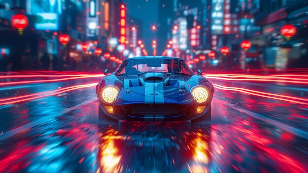 Photo fast and powerful blue car in motion moving along street with blurred lights in the rainy city ver