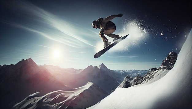 Photo fast snowboarder jumps from springboard high in mountains winter sports concept