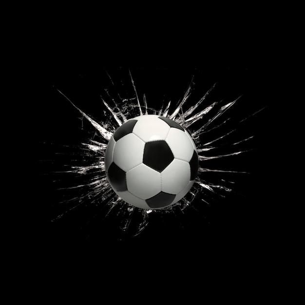 Photo fast soccer ball through broken glass on black background