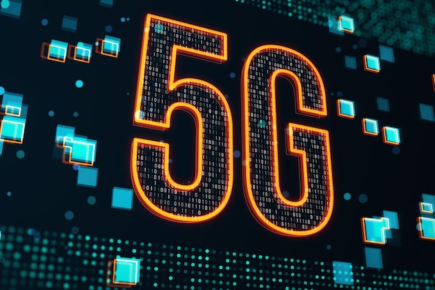 3D 렌더링 주위에 파란색 픽셀이 있는 어두운 배경에 디지털 주황색 5g 기호가 있는 빠른 속도 인터넷 연결 및 혁신 기술 개념