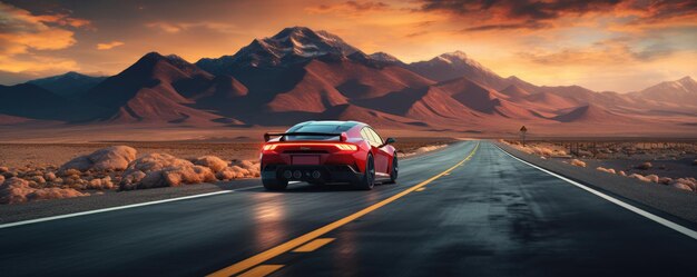 Fast sports car on road with shaped mountains in background travel abroad concept panorama