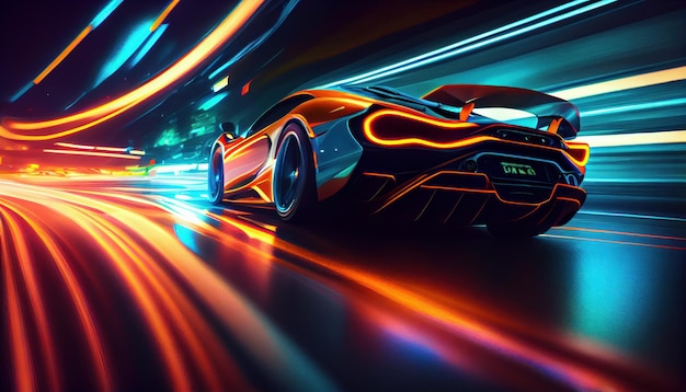 Fast supercar driving at high speed with stunning neon lights city glowing in the background Motion blur effect speed