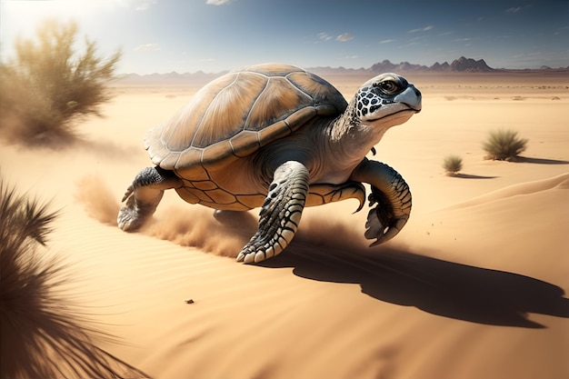 Fast turtle running at full speed in the desert Generative AI