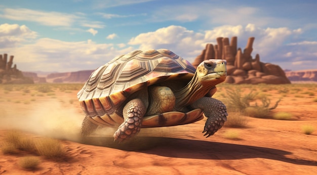 Fast turtle running at full speed in the desert