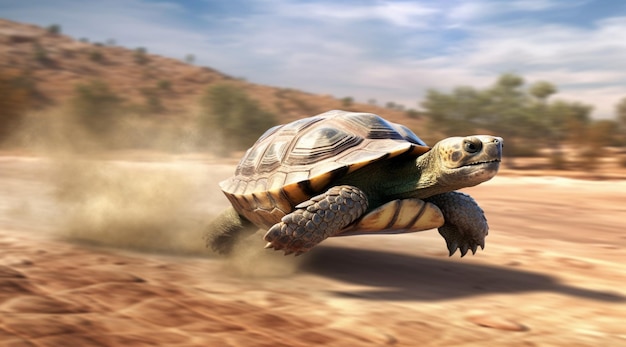 Fast turtle running at full speed in the desert