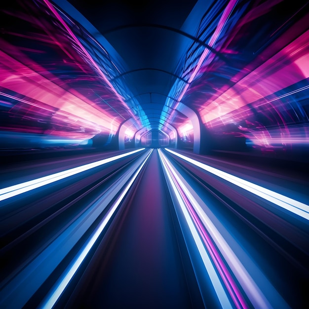 터널 네온 핑크색과 파란색 빛을 통과하는 빠른 지하철 열차 경주