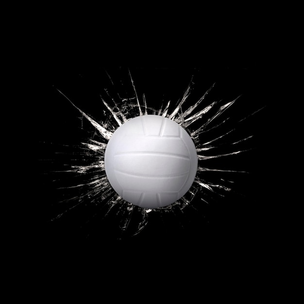 Photo fast volleyball through broken glass on black background