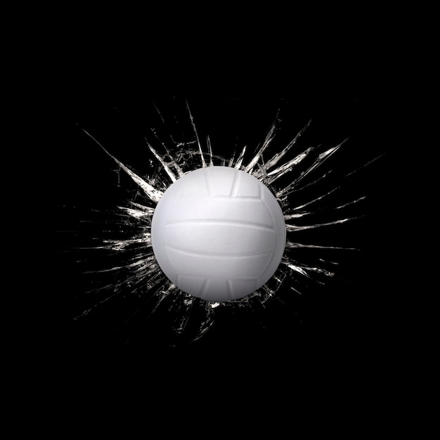 Fast volleyball through broken glass on black background