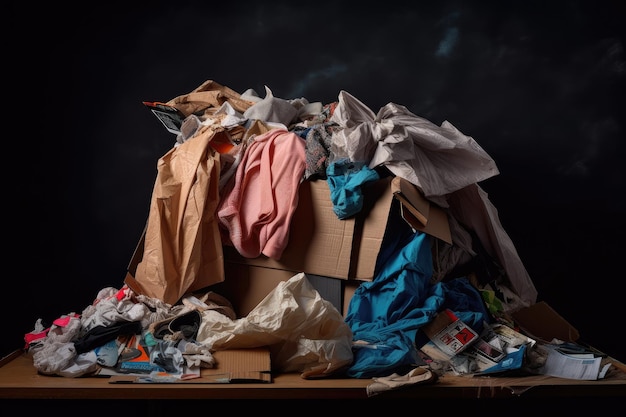 Фастмодная одежда на вешалке в окружении пластиковой бумаги и картонных отходов