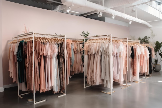 Fastfashion-winkel met rekken met overstock-jurken, overhemden en accessoires
