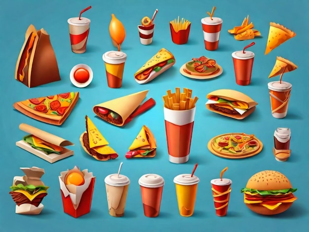 Foto fastfood 3d cartoon vector icon set pizza slice taco sandwich geroosterde kalkoen gebakken ei