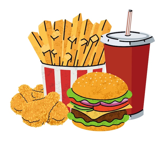 Foto fastfood cartoon iconen set eenvoudige vlakke stijl straat hoogcalorische voedsel illustratie