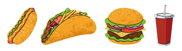 fastfood cartoon iconen set eenvoudige vlakke stijl straat hoogcalorische voedsel illustratie