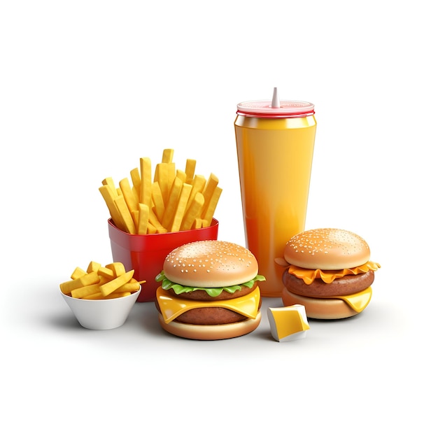 Fastfood Cheeseburger frietjes en frisdrank geïsoleerd op witte achtergrond