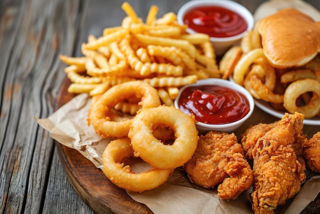 Foto fastfood maaltijden uienringen frietjes kip nuggets en gebakken kip op houten tafel