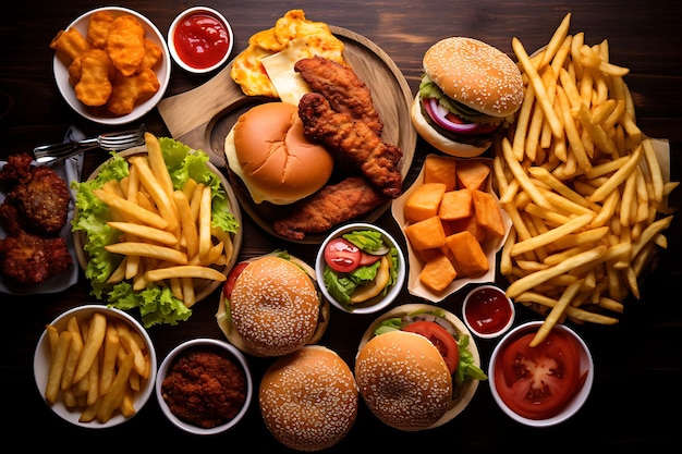Fastfood op houten achtergrond Burger friet kip nuggets en groenten