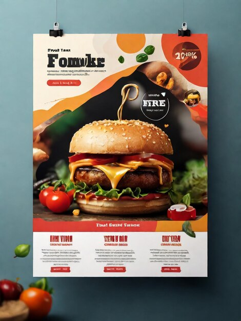 Fastfood restaurant burger social media marketing webbanner met abstract vuur achtergrond logo en icoon Gezonde hamburger of pizza online verkoop promotie cover Corporate business flyer