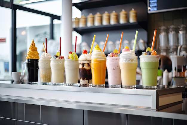 Fastfood restaurant with milkshakes and soft drinks on the menu created with generative ai