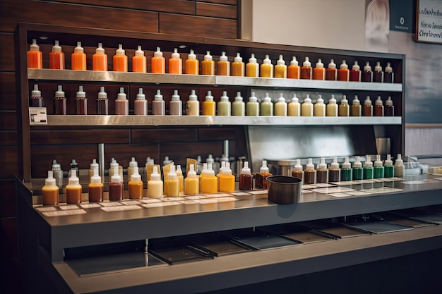 Fastfood restaurant with variety of sauces and condiments on display for customers to choose from