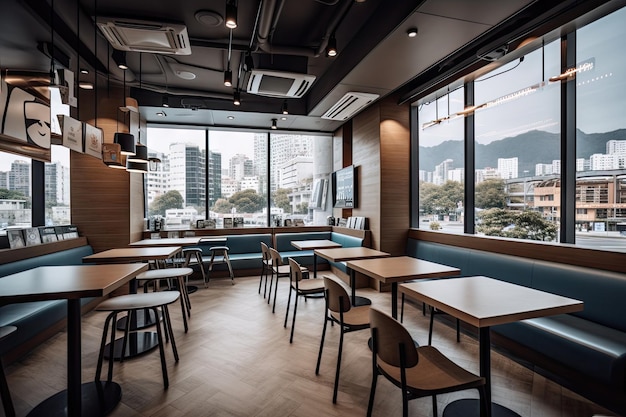 Fastfood restaurant with a view of the busy city center featuring modern and sleek interior design