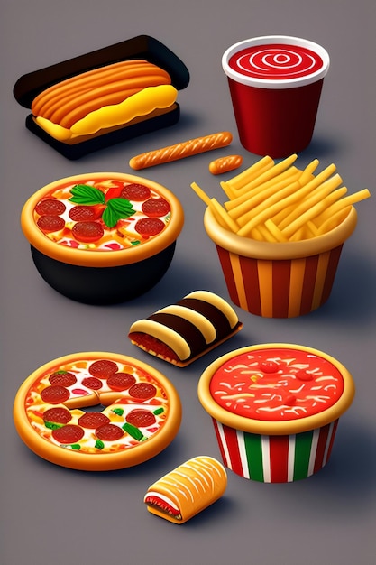 Fastfood set met pizza hotdog frietjes en drankjes