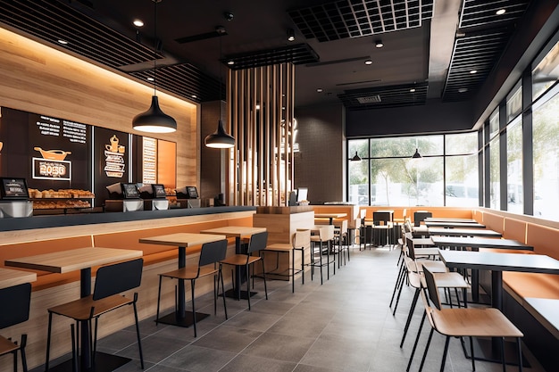 Fastfoodrestaurant met modern minimalistisch interieur en strak meubilair