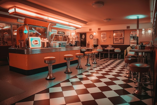 Fastfoodrestaurant met op de achtergrond een jukebox met een themadiner