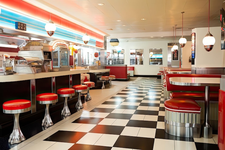 Foto fastfoodrestaurant met retro-inrichting met ouderwetse frisdrankfonteinen en jukeboxen