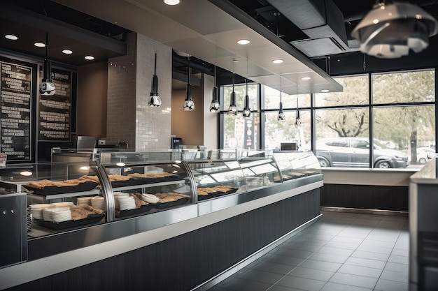 Fastfoodrestaurant met uitzicht op drukke stadsstraat in modern en strak design