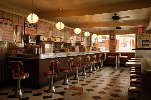 Fastfoodrestaurant met vintage inrichting met vintage borden en armaturen