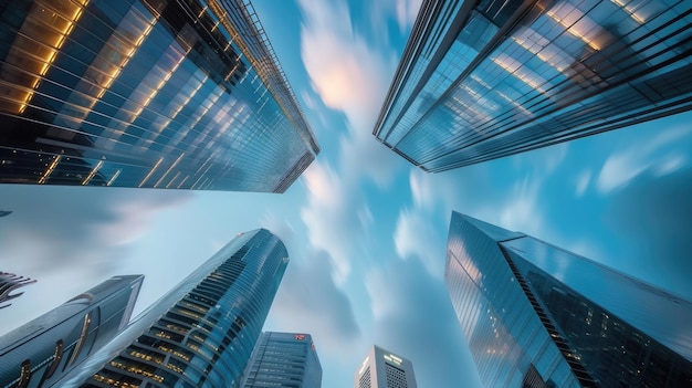 Fastforward beelden van zakelijke wolkenkrabbers in Singapore met bewegende wolken in het financiële centrum van de stad