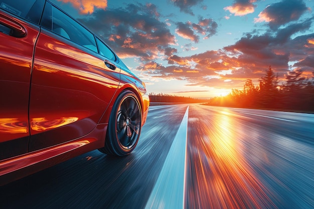 A fastmoving car streaks down a highway leaving a trail of blurred motion lines behind