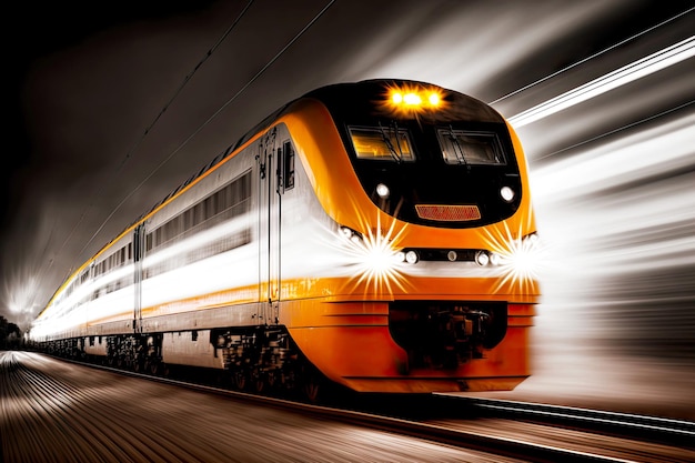 Fastmoving train photo at shutter speed at night railway transport