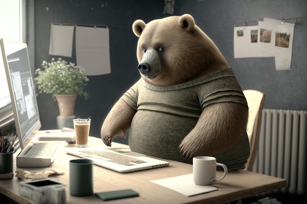 A fat bear in a Tshirt sits in the office at a laptop generative ai