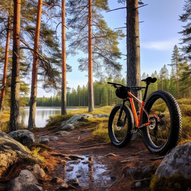 Фото Толстый велосипед, припаркованный рядом с озером в лесу.