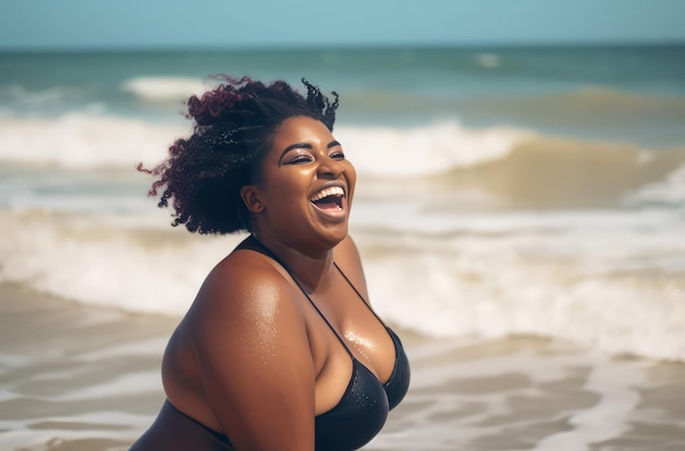 Fat black woman swimsuit happy big body female generate ai