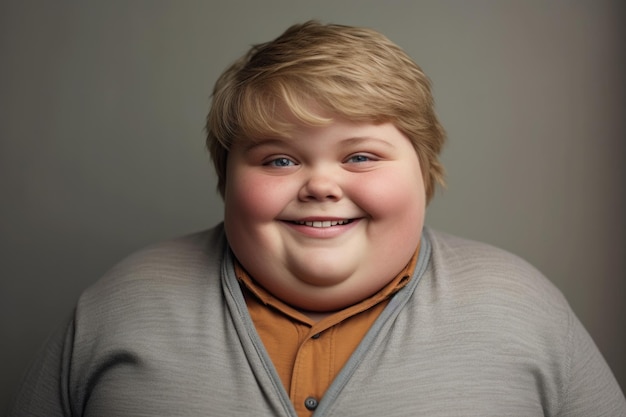 Photo fat blonde boy happy expression against wall background ai generated