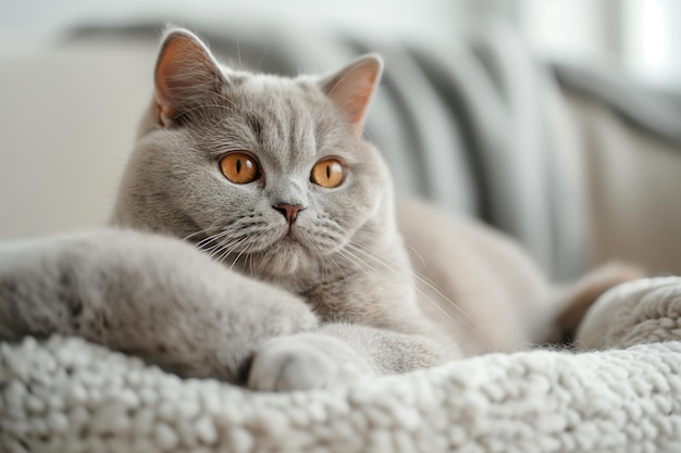 脂肪の青いイギリスのショートヘアの猫が灰色のソファに休んでいます