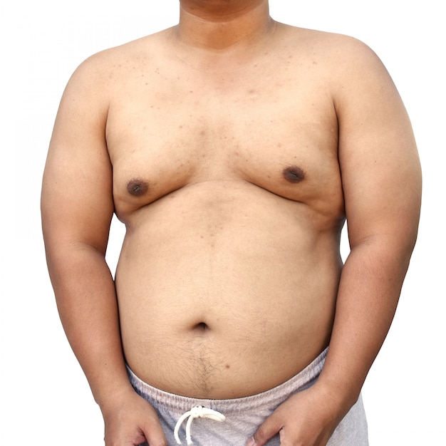 Fat body of asian man on white background