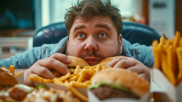 Foto il ragazzo grasso mangia cibo spazzatura